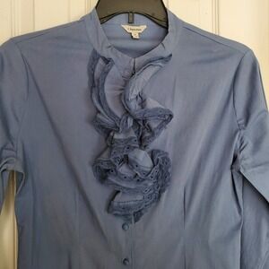J. Peterman Womens Blue Ruffled Jabot Lace Blouse Long Sleeve Button Front Sz 8